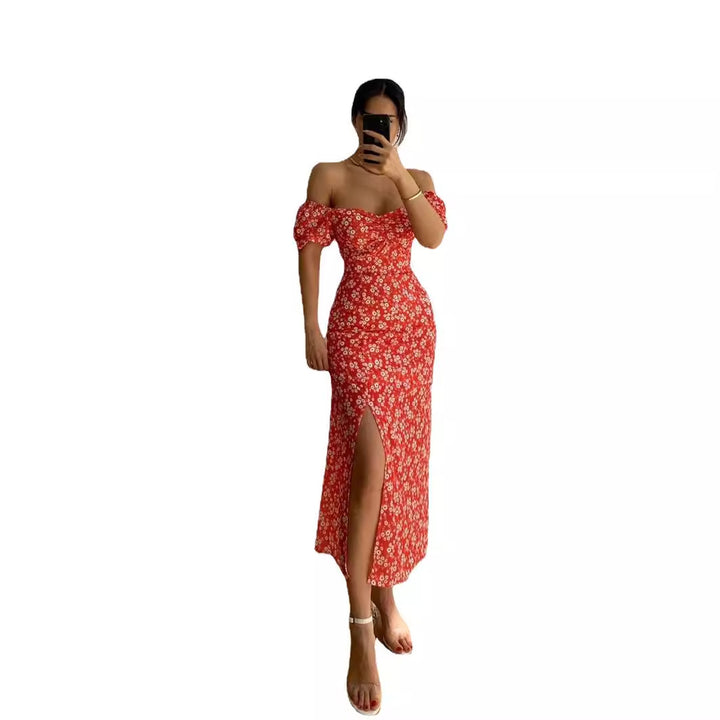Women's Figure-Hugging Maxi Dress with Floral Pattern and Off-Shoulder Design Lune London