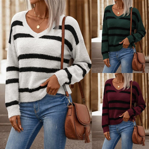 Women's sweater with V-neck, wide stripes and soft material Amarae