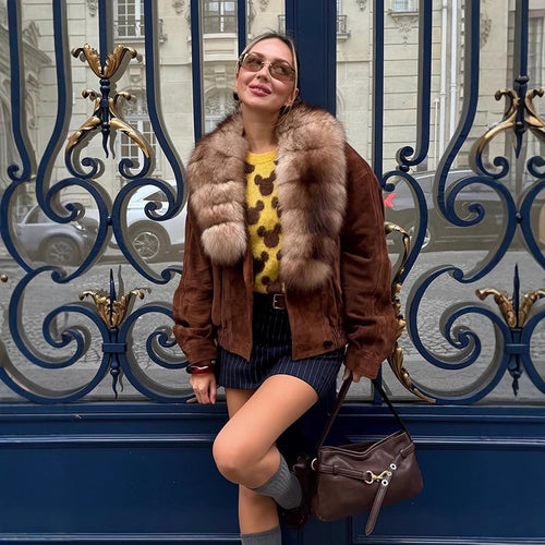 Women's suede bomber jacket with voluminous fur scarf and elastic hem Amarae