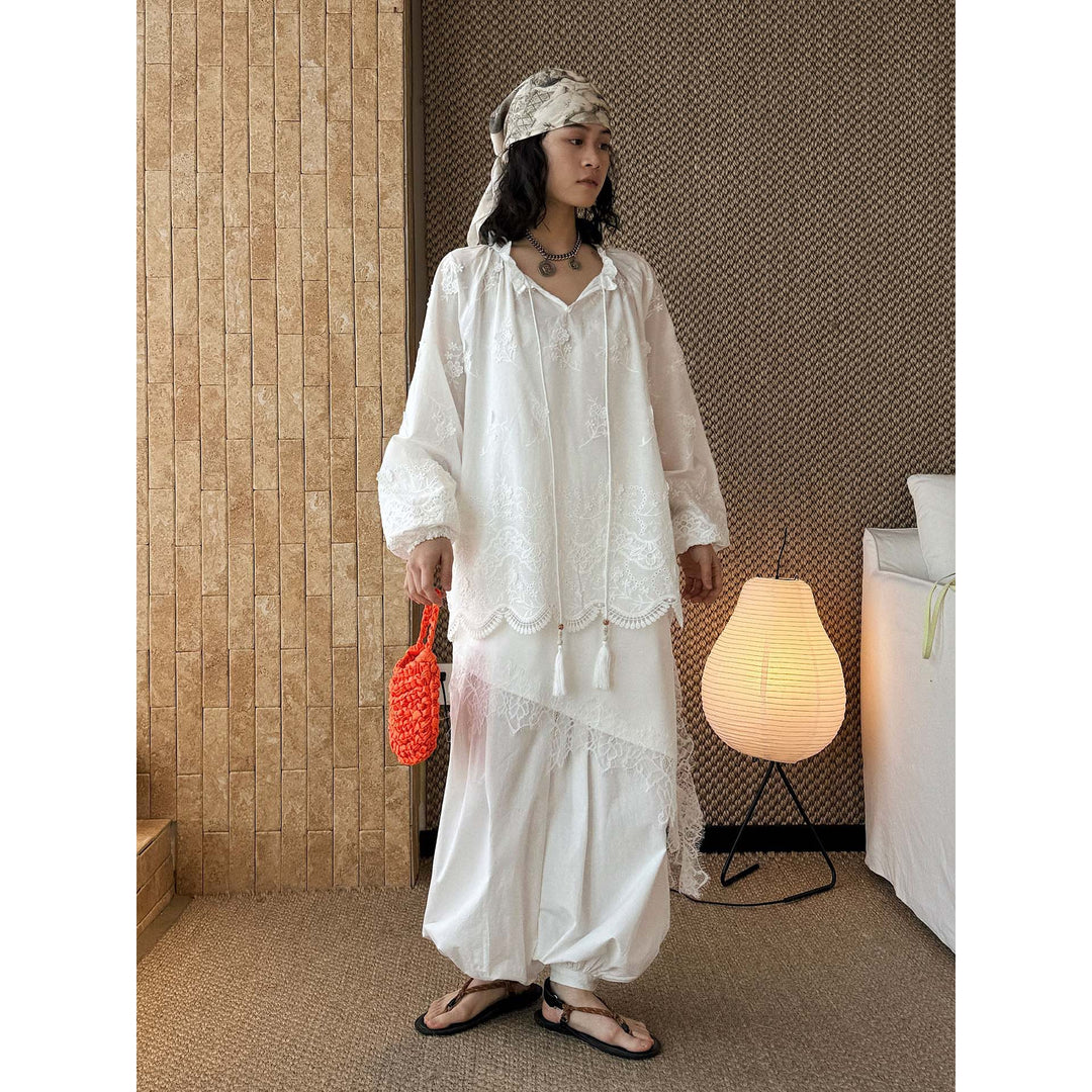Ladies Embroidered Cotton Lace Blouse with Voluminous Sleeves and V-Neck Dress