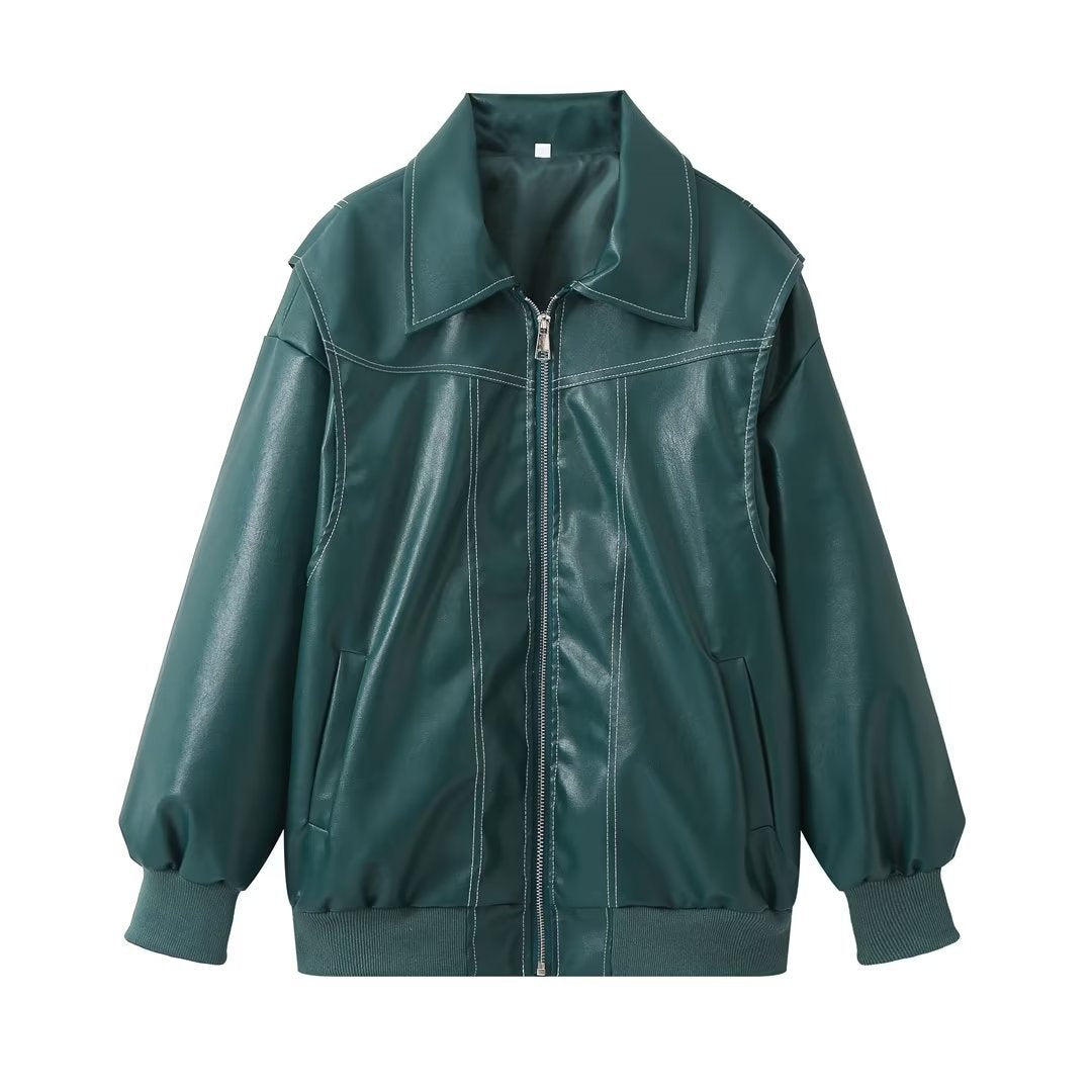 Ladies stylish faux leather jacket with voluminous sleeves and practical zipper pockets Chic and style