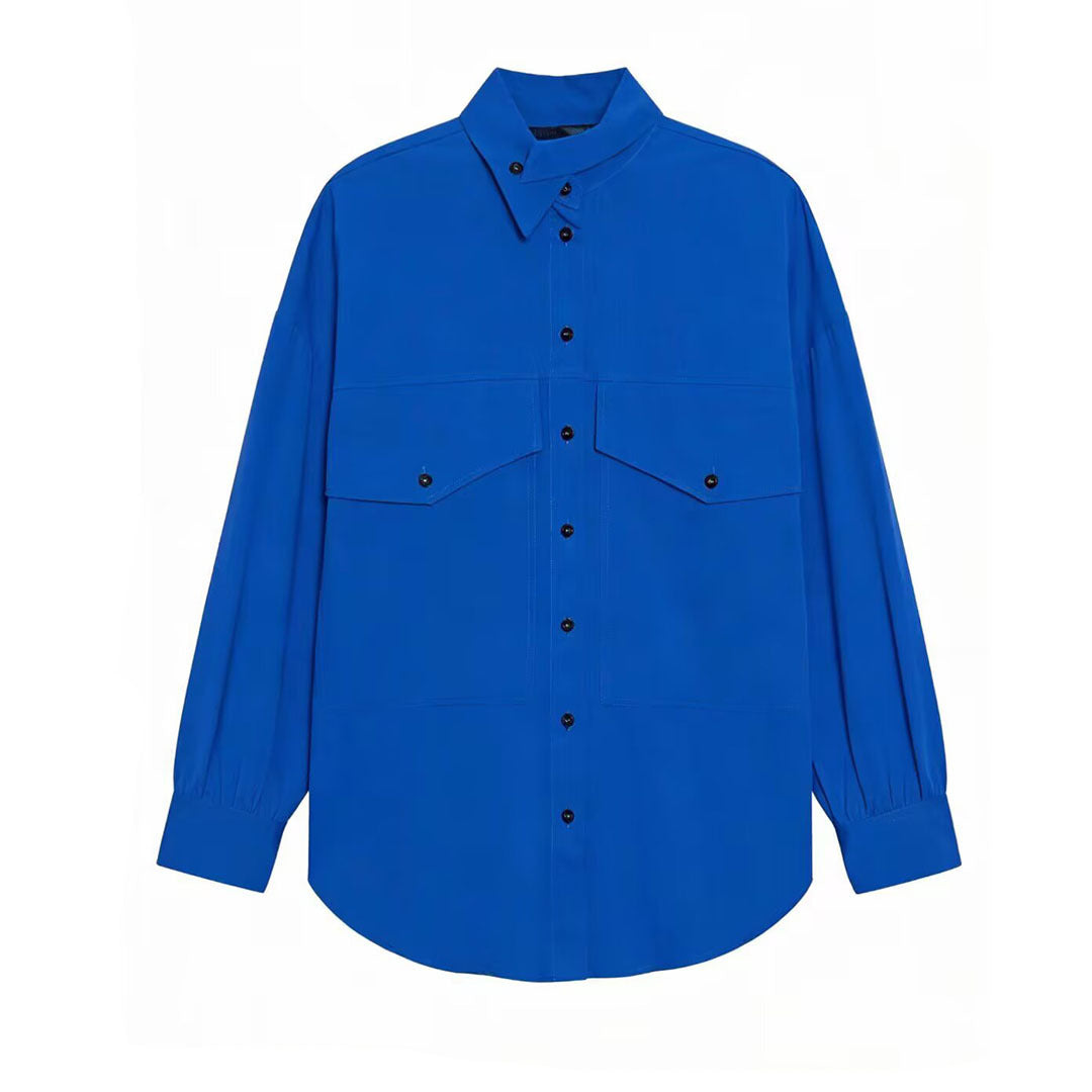 Women's Oversized Utility Shirt Blouse with Drop Shoulder, Flap Pockets and Stand Collar Amarae