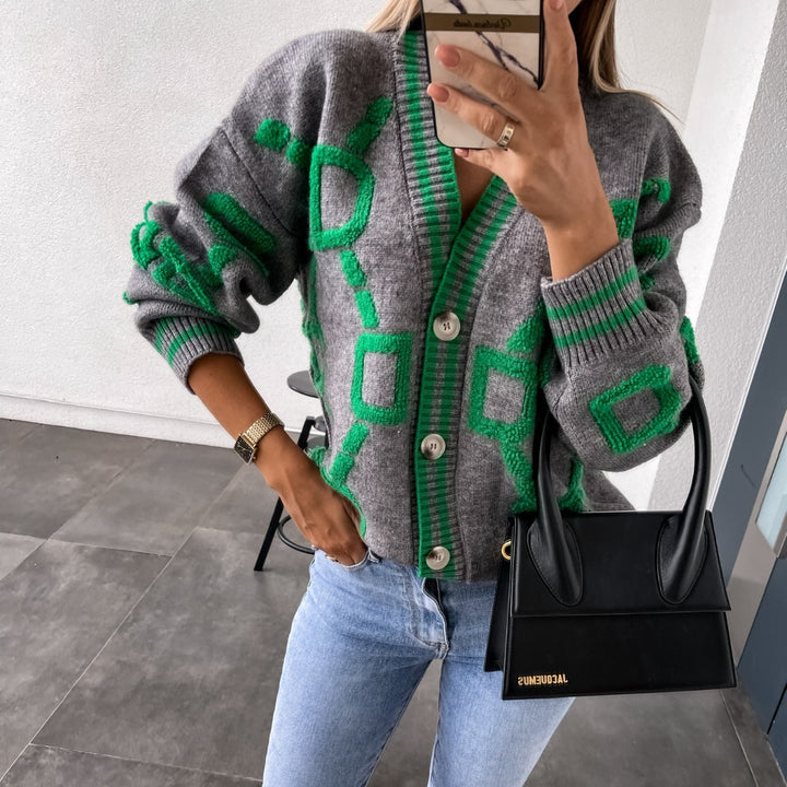 Ladies Big Knit Cardigan with geometric pattern and large buttons Lune London