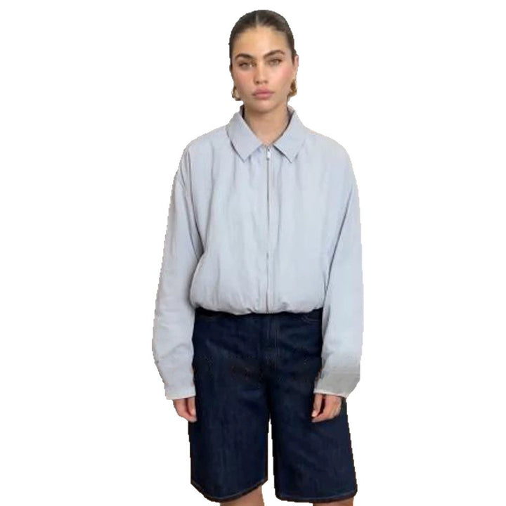 Women's Short Boxy Shirt Jacket with Zipper and Elastic Hem Amarae