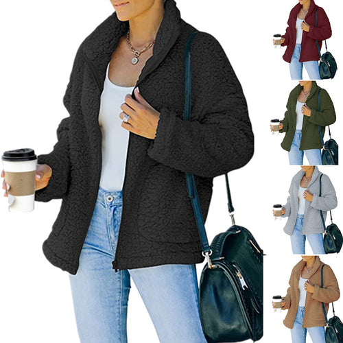 Women cozy fleece jacket with oversized cut and deep collar Amarae