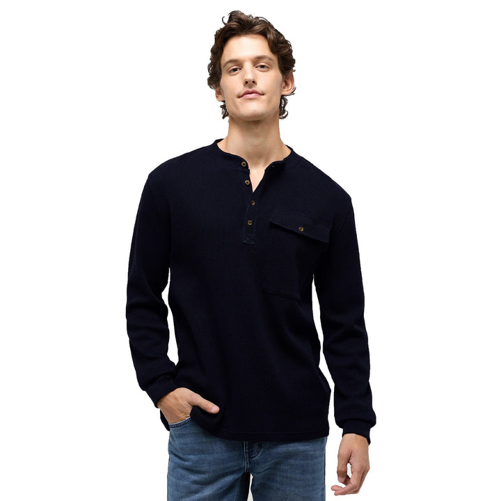 Men's long sleeve Henley shirt with structured design and practical chest pocket Lune London