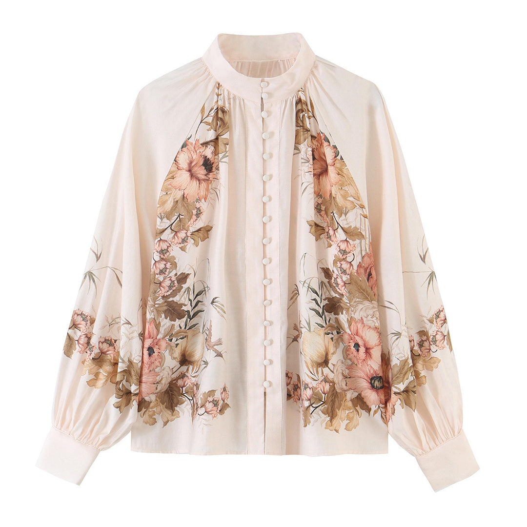 Women's blouse with stand-up collar, continuous button placket and wide balloon sleeves Amarae