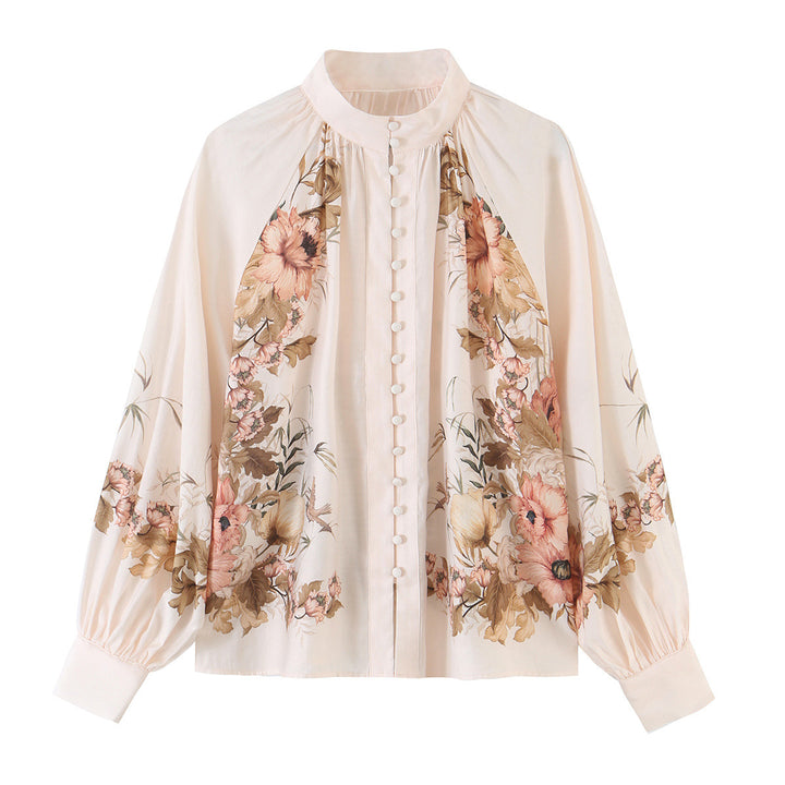 Women's blouse with stand-up collar, continuous button placket and wide balloon sleeves Amarae