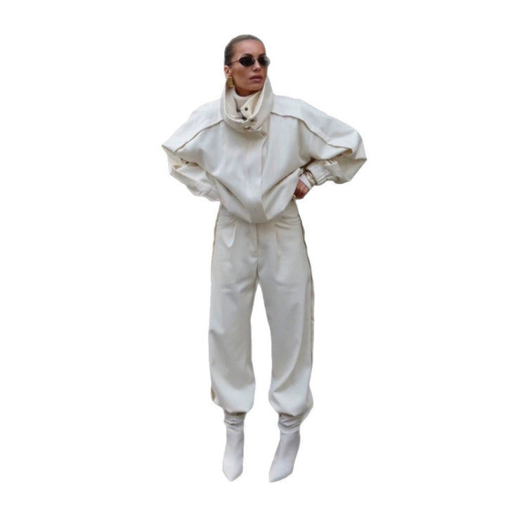 Women's Two-Piece Oversized Jacket and Pleated Pants Set with High Stand Collar Amarae
