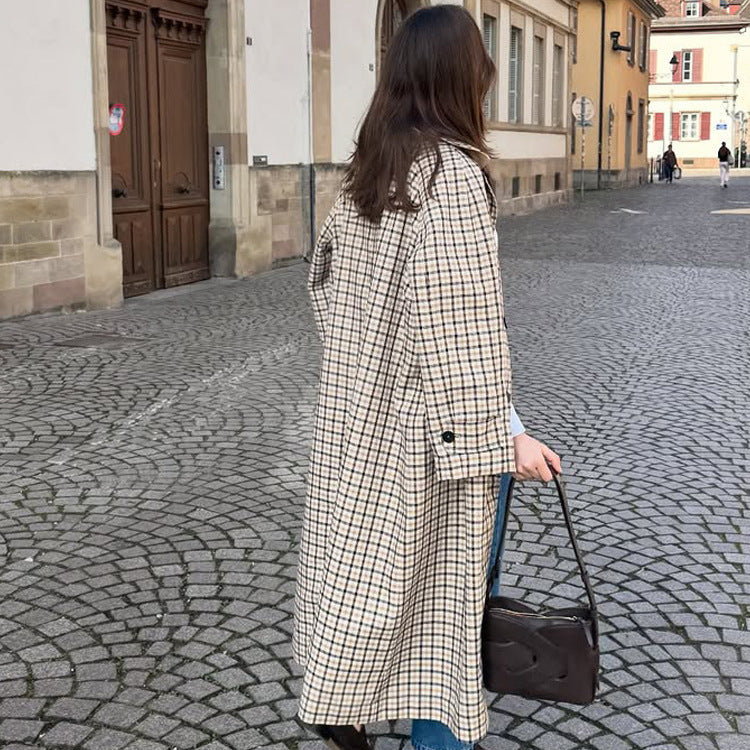 Women’s Maxi Long Checked Wool Blend Coat with Straight Silhouette Amarae