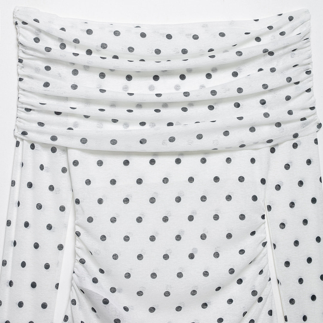 Women's Off-Shoulder Long Sleeve Top with Draped Overlap Collar and Polka Dot Pattern Amarae