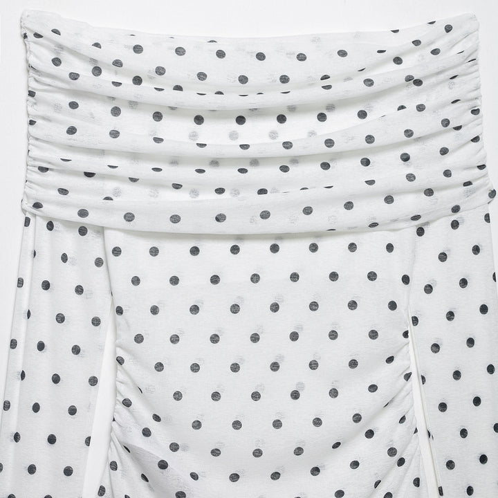 Women's Off-Shoulder Long Sleeve Top with Draped Overlap Collar and Polka Dot Pattern Amarae