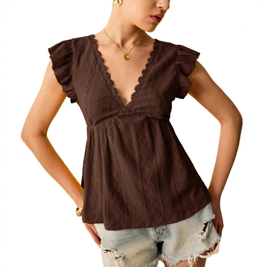Ladies blouse with ruffled sleeves and deep V-neck Lune London