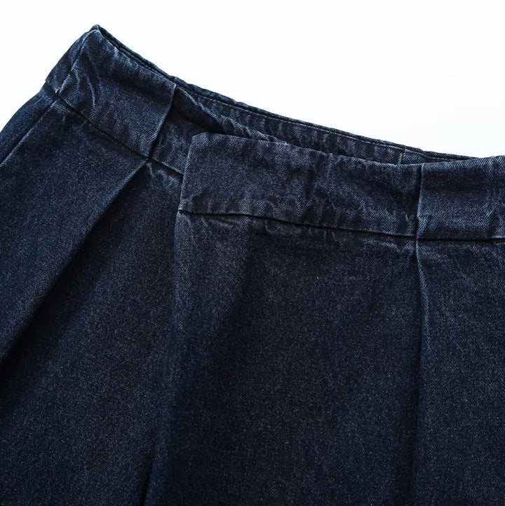 Ladies Wide High-Waist Pleated Denim Trousers with Crease Amarae