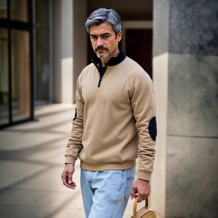 Sweat-mode sweater for men with functional zipper and contrasting elbow patches Lune London