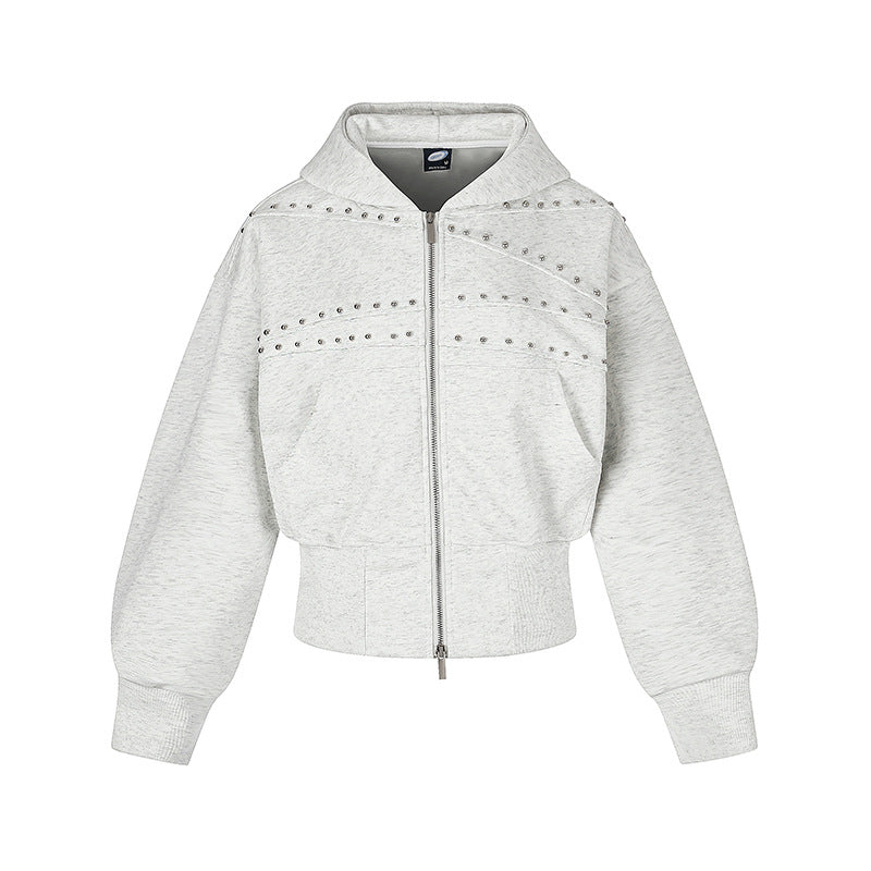 Women's short-cut zip hoodie with metallic stud detailing and wide ribbed hem Amarae