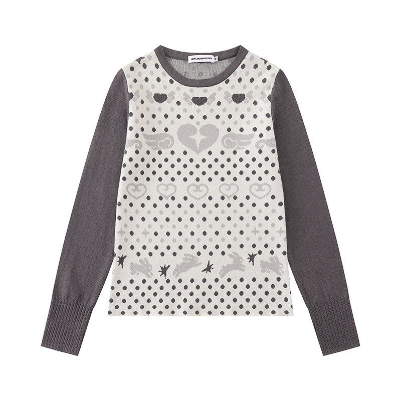 Ladies fine knit pullover with jacquard motif, round neckline and contrast sleeves Amarae