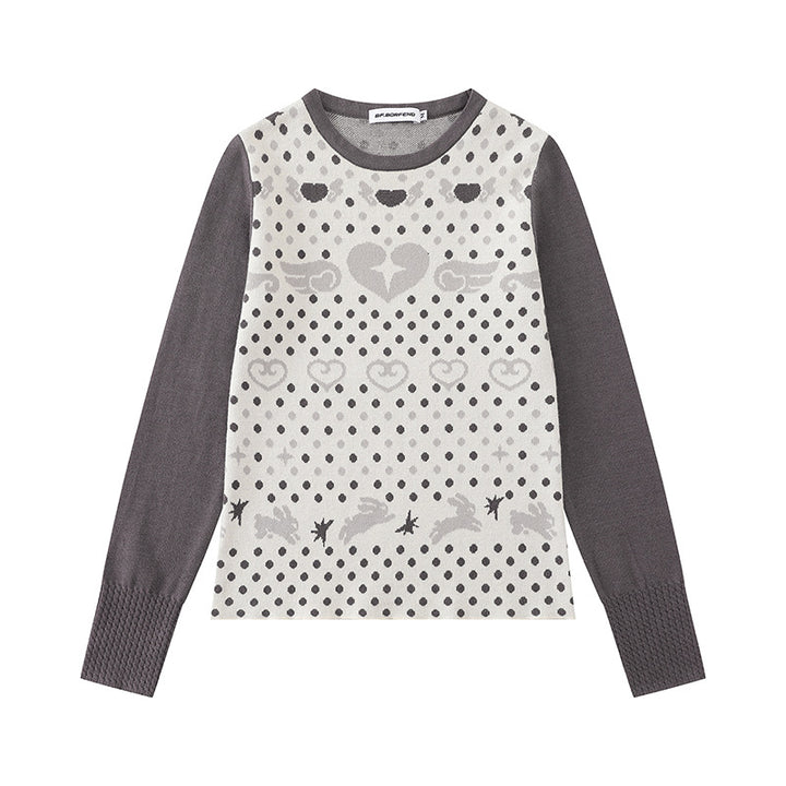 Ladies fine knit pullover with jacquard motif, round neckline and contrast sleeves Amarae