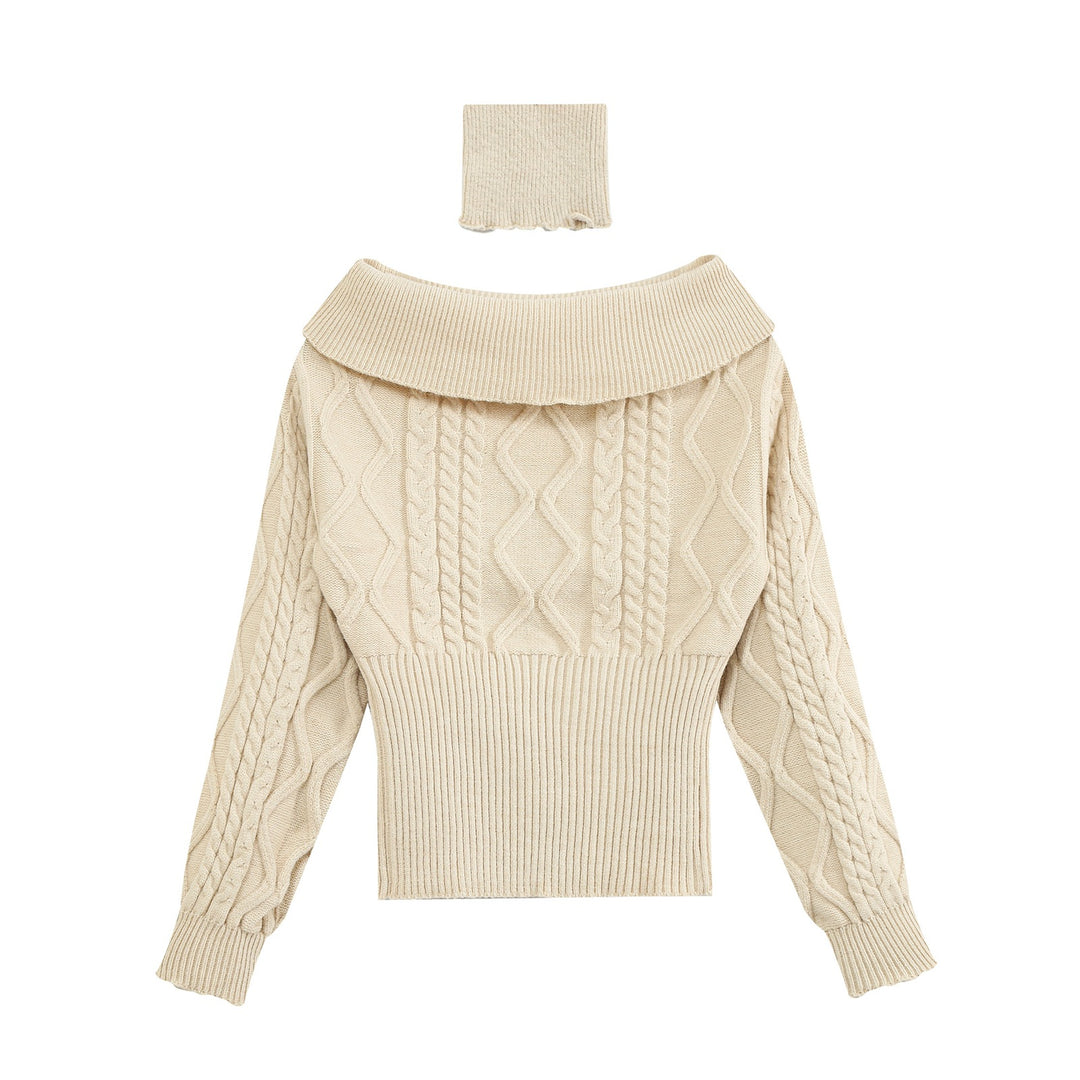 Women's Off-Shoulder Cable Knit Sweater with Wide Ribbed Cuff and Folded Collar Amarae