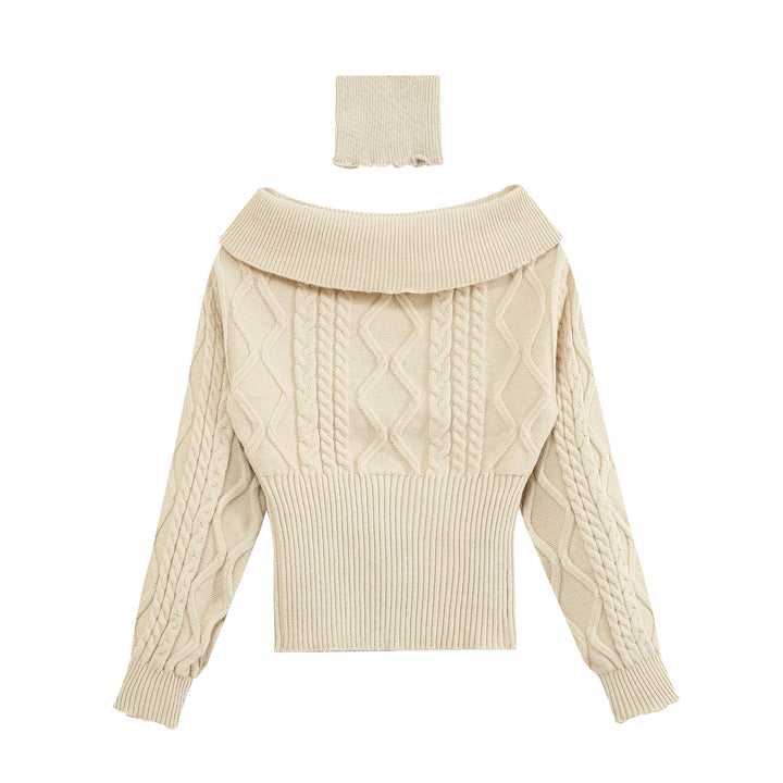 Women's Off-Shoulder Cable Knit Sweater with Wide Ribbed Cuff and Folded Collar Amarae