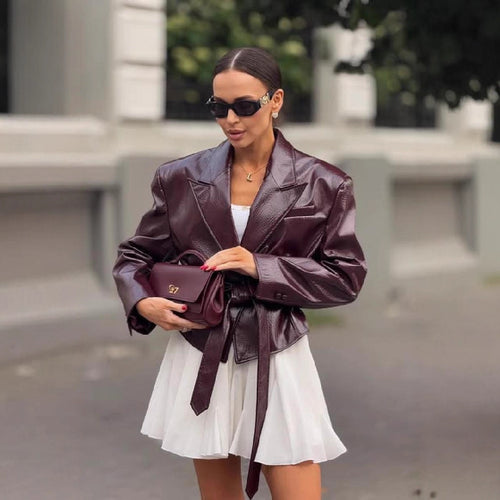 Faux leather blazer for women with adjustable belt Amarae