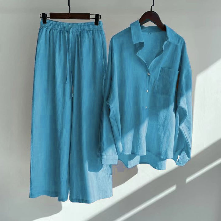 Women's Loose-Fitting Two-Piece Viscose Loungewear Set with Shirt Blouse and Wide Palazzo Pants Amarae