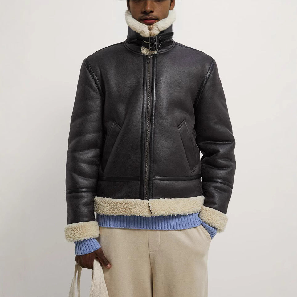 Men's short jacket made of artificial leather with teddy lining and lapel collar Amarae