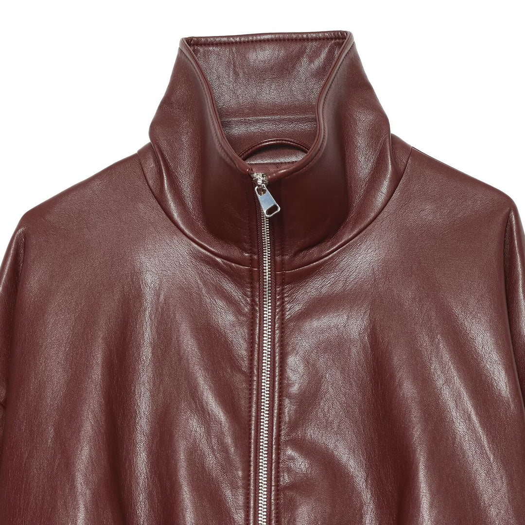 Women Cropped Faux Leather Jacket with High Collar, Oversized Sleeves and Tailored Waist Amarae