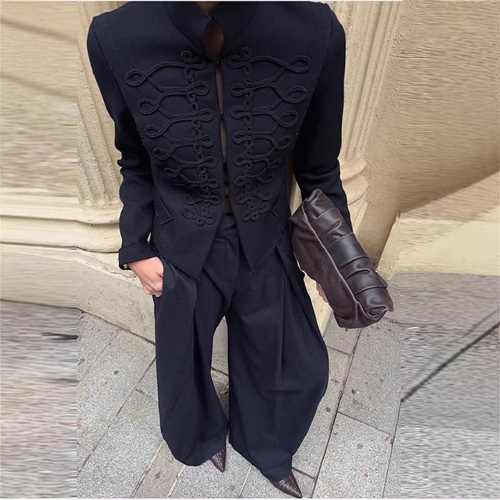 Ladies military-inspired short jacket with decorative cords and stand-up collar Amarae