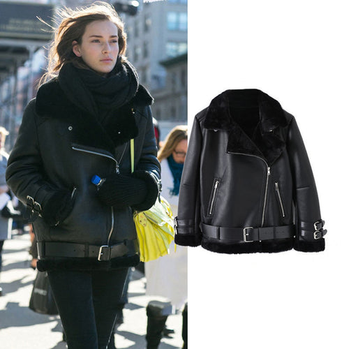Faux leather jacket for women with removable faux fur collar and adjustable belt Amarae