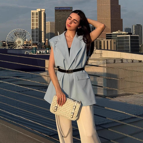 Women's Sleeveless Long Blazer Vest with Emphasized Shoulder and Waist Shape Amarae