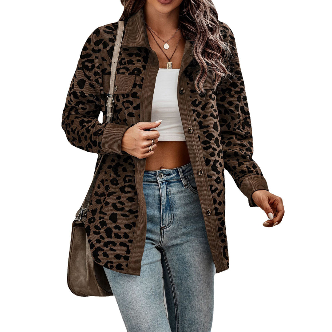 Women's corduroy jacket with a modern leopard print, pockets, and button details Lune London
