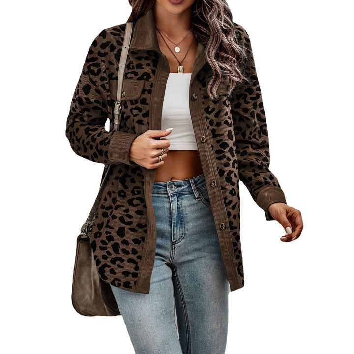 Women's corduroy jacket with a modern leopard print, pockets, and button details Lune London