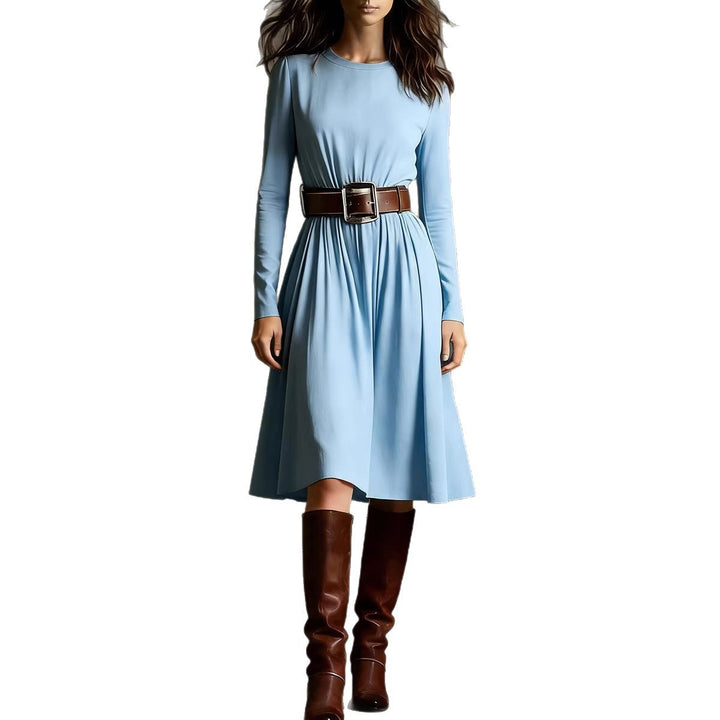 Women Elegant Dress with Long Sleeve and Waist Belt Chic & Stil