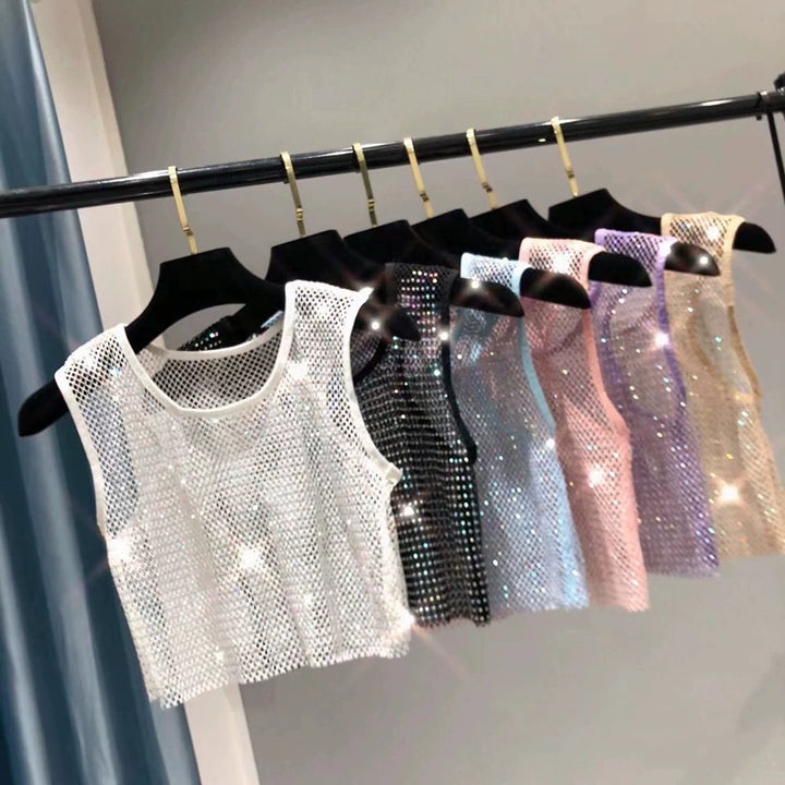 Lune London | Sexy Mesh Flash Diamond Fishnet Vest Nightclub Perspective Hot Girl T-Shirt Top