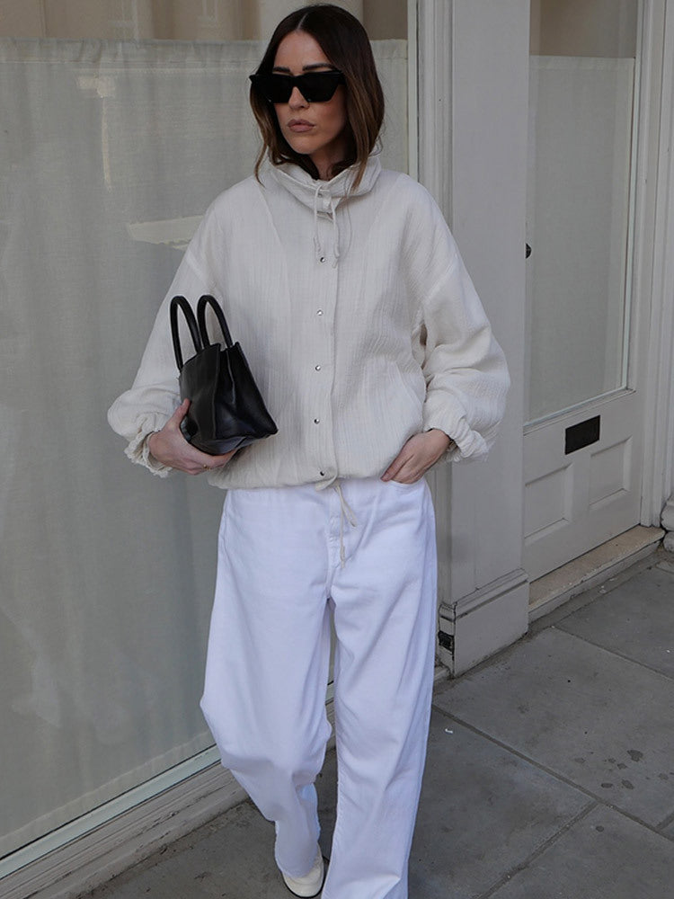 Women's Lightweight Hooded Blouson Jacket made of Cotton Muslin with Drawstring Amarae