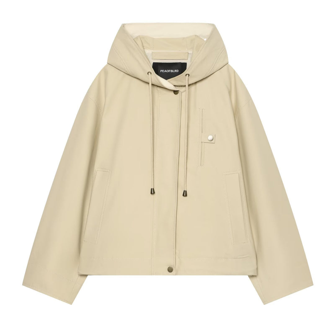 Women's Short Hooded Jacket with Drawstring, Concealed Snap Placket and Patch Pockets Amarae