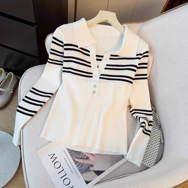 Sweat à rayures pour femmes avec patte de boutonnage et col classique Chic & Stil