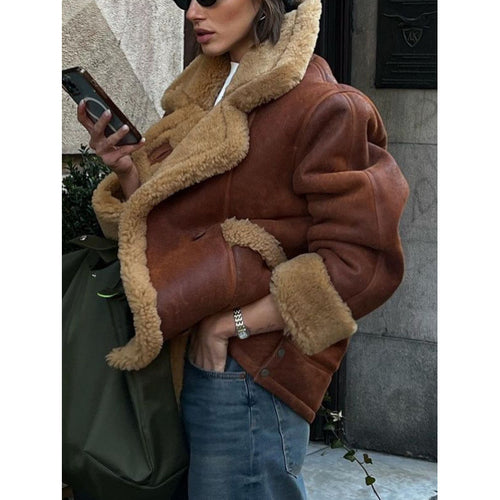 Women's Oversize Sheepskin-Look Aviator Jacket with Voluminous Shawl Collar Amarae