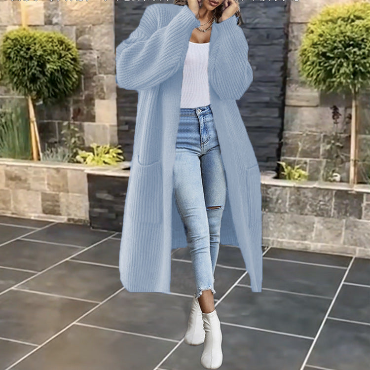 Ladies Long Knit Coat with a Chunky Rib Structure and Practical Pockets Lune London