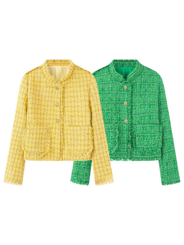 Amarae Textured tweed short elegant jacket for women with decorative buttons