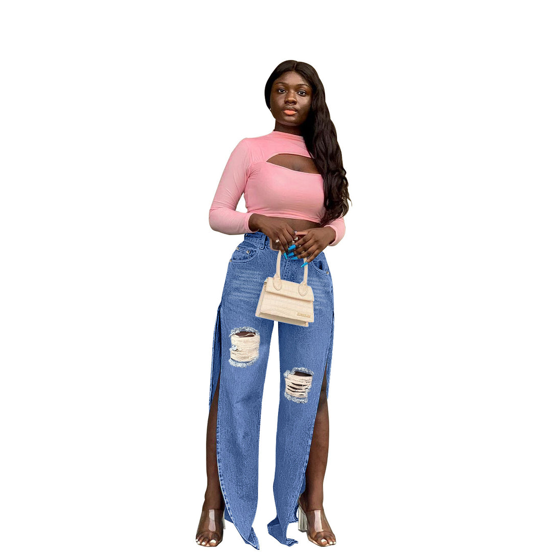 Ladies High-Waisted Wide-Leg Jeans with Knee Rips and Side Slits Amarae