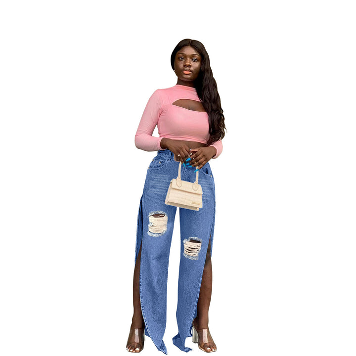 Ladies High-Waisted Wide-Leg Jeans with Knee Rips and Side Slits Amarae
