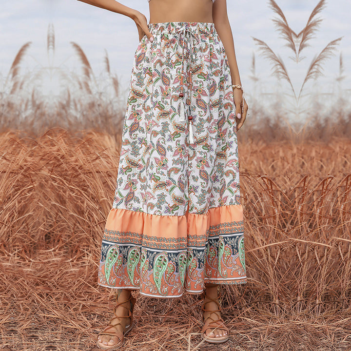 Fluid maxi skirt for women with paisley print and ruffled hem Lune London