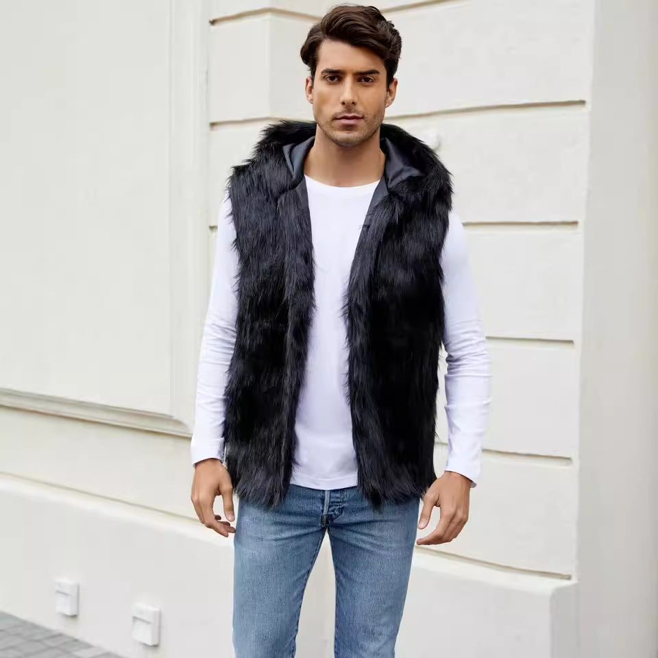 Men's vest with elegant faux fur and hood Lune London