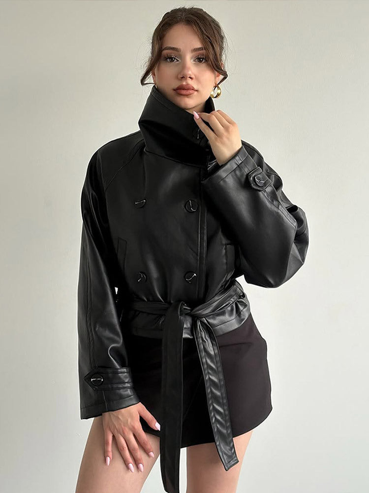 Women Tailored Short Blouson Jacket made of Imitation Leather with High Stand-up Collar and Ties Belt Amarae