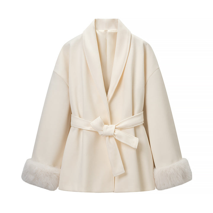 Women's Oversized Wrap Coat with Shawl Collar and Fur Trim on the Sleeves Amarae