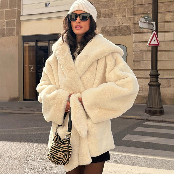 Women's Oversized Teddy Coat with Extra Large Shawl Collar and Wrap Belt Amarae