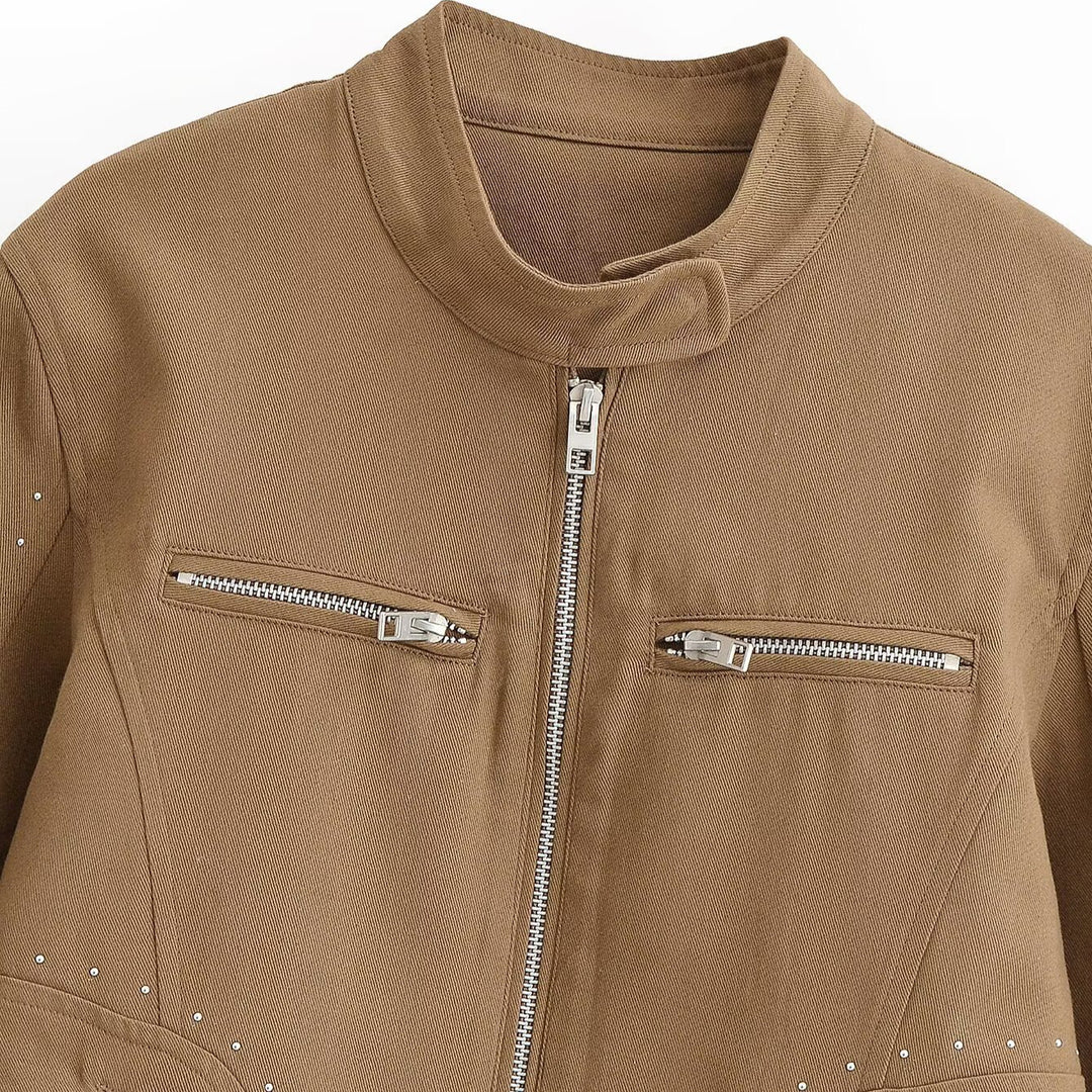 Women Short Velvet Look Jacket with Stand-Up Collar, Decorative Seams, Stud Application and Zip Pockets Amarae