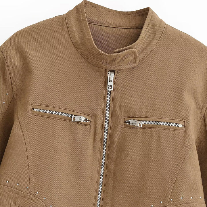 Women Short Velvet Look Jacket with Stand-Up Collar, Decorative Seams, Stud Application and Zip Pockets Amarae